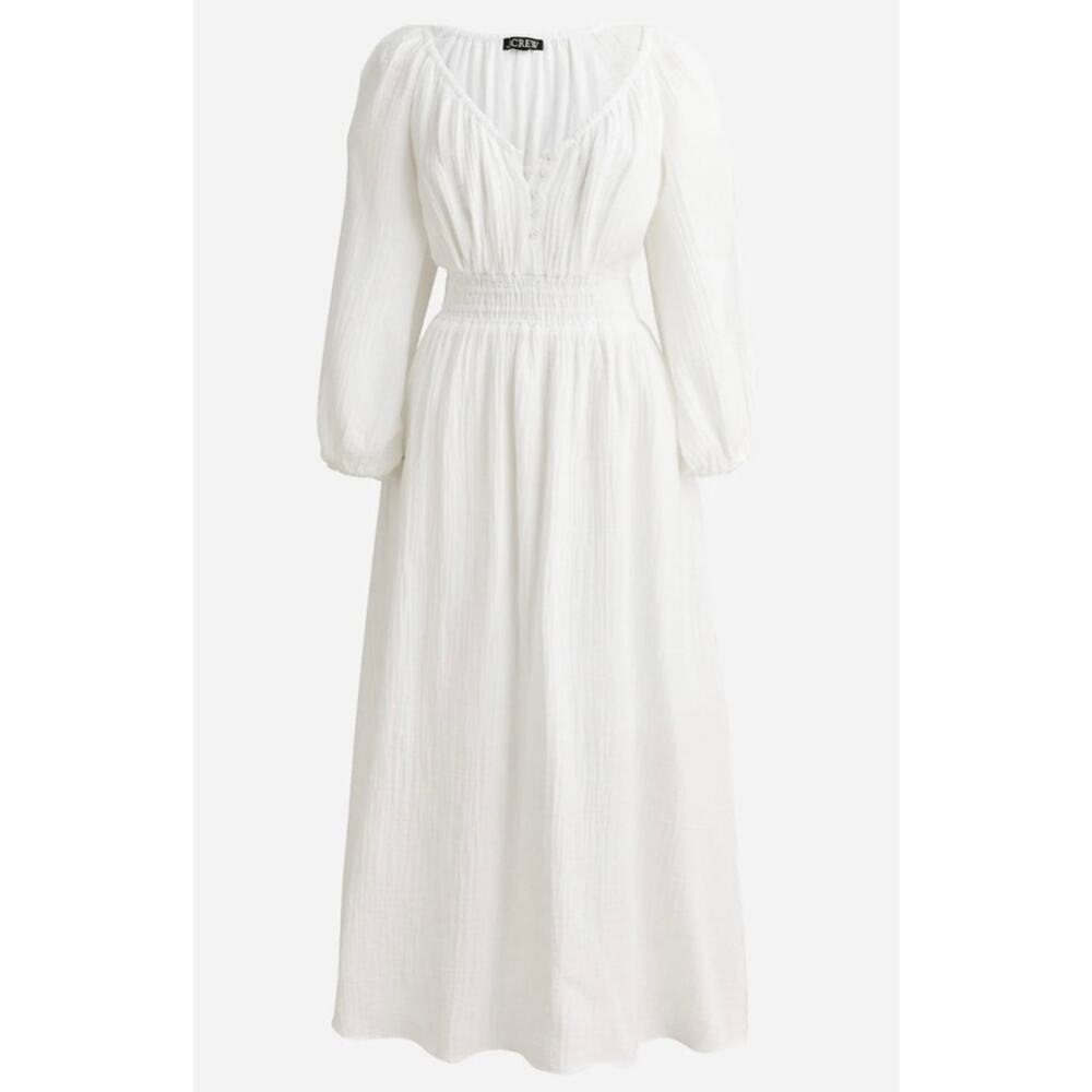 J. Crew Factory White Long-Sleeve Smocked Waist Maxi Dress